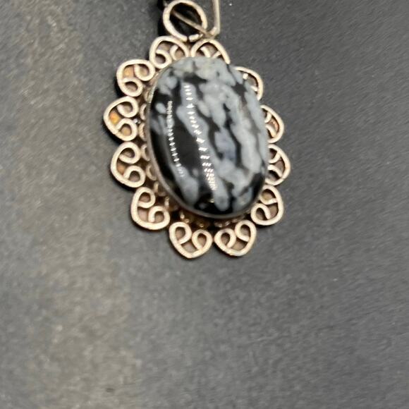 Black White Snowflake Obsidian and Sterling Silver For Balance Protect Pendant - Picture 3 of 7